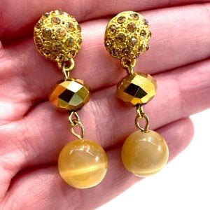 Vintage Monet Gold-tone Faceted and Bead Drop Earrings with Amber Beads